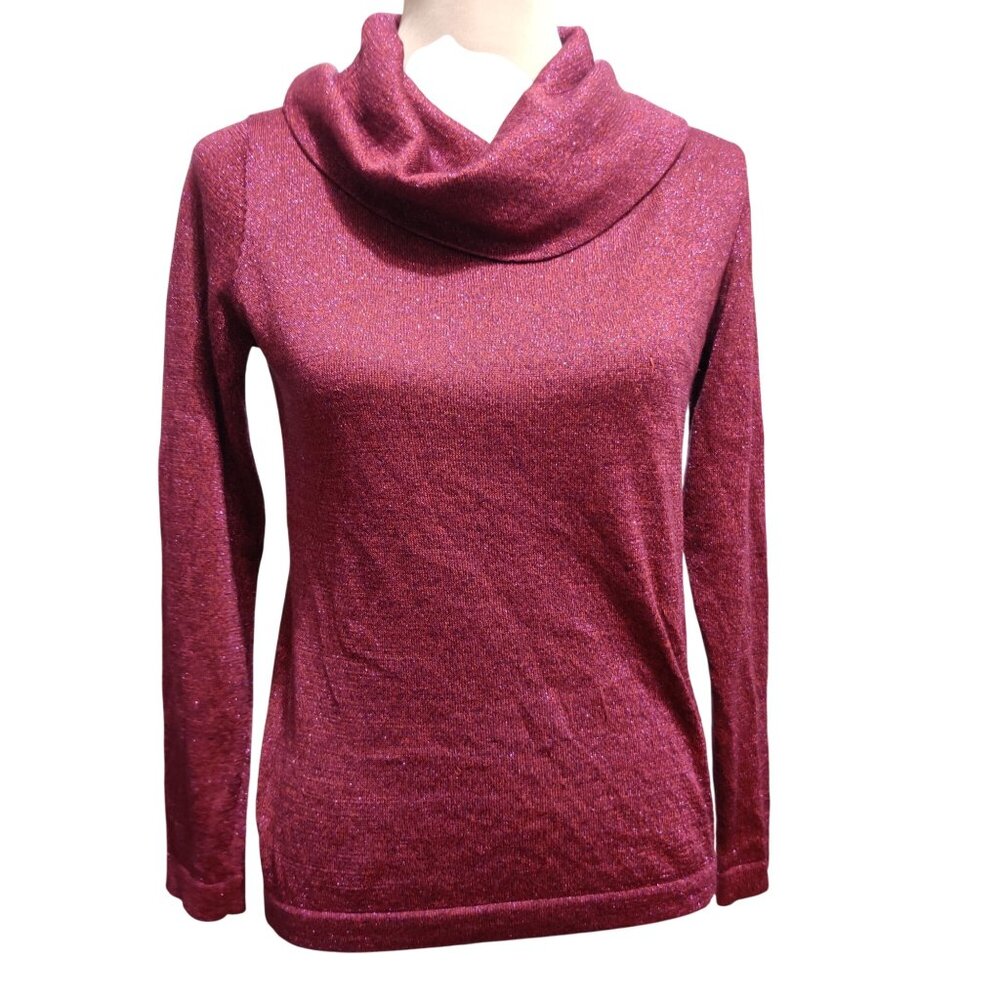Coldwater Creek PS Red Purple Shimmer Cowl Neck Sweater Petite Metallic Knit Top